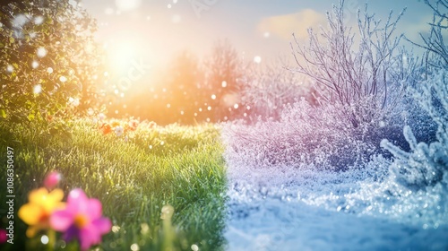 A landscape where half of the scene is a vibrant summer with green grass, blooming flowers, and bright sunlight, slowly transitioning into a snowy winter scene.