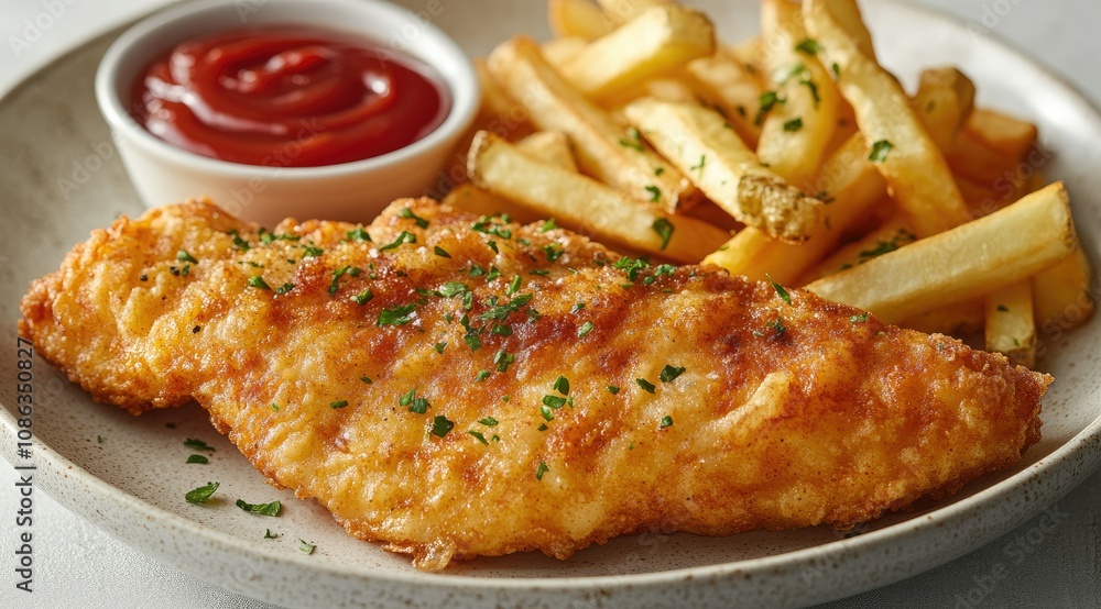 Crispy fried fish fillet served with golden french fries and ketchup. Crispy fried fish fillet served with golden french fries and ketchup.
