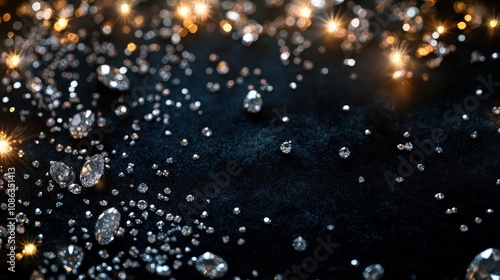 A dark velvet background adorned with scattered small diamonds and silver glitter, illuminated by cool-toned fairy lights. 