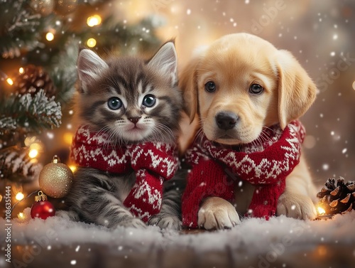 Adorable Kitten and Puppy in Christmas Scarves near a Decorated Tree