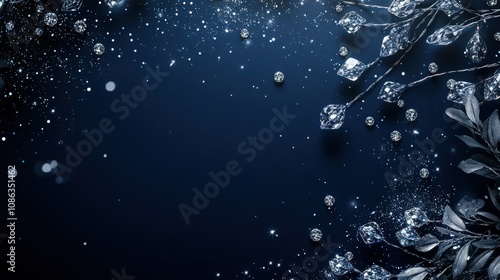 A deep navy blue background with small diamonds delicately scattered around, with glittering silver dust and cool fairy lights creating a magical and refined atmosphere. 