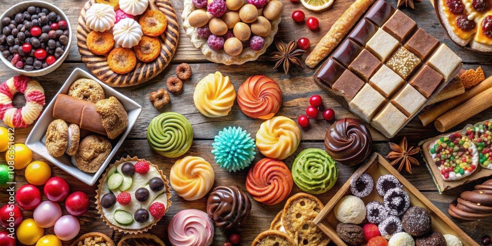 Assorted variety of confectionery and dessert items, sweets, snacks, treats, candies, chocolates, pastries, cakes Assorted variety of confectionery and dessert items, sweets, snacks, treats, candies, chocolates, pastries, cakes