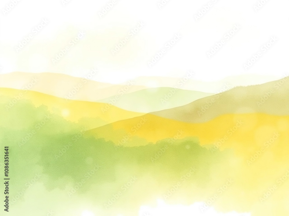 Dreamy abstract watercolor landscape with soft yellow and green hues creating a sense of depth and distance, Watercolor Art, Soft Focus Dreamy abstract watercolor landscape with soft yellow and green hues creating a sense of depth and distance, Watercolor Art, Soft Focus