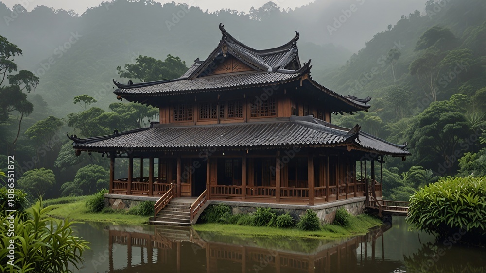 Serene Asian Temple on Misty Lake Lush Green Forest Serene Asian Temple on Misty Lake Lush Green Forest