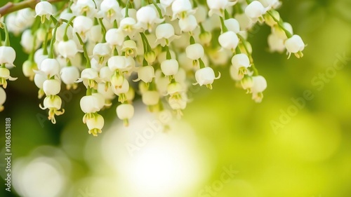 Drooping white flowers with greenish tinted stems, delicate blossoms, natural beauty, floral arrangement