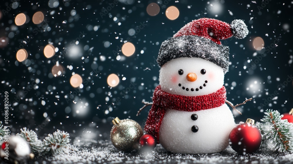 A cheerful snowman adorned with a vibrant red hat and scarf, nestled in a blanket of pristine white snow, radiating festive winter joy. A cheerful snowman adorned with a vibrant red hat and scarf, nestled in a blanket of pristine white snow, radiating festive winter joy.