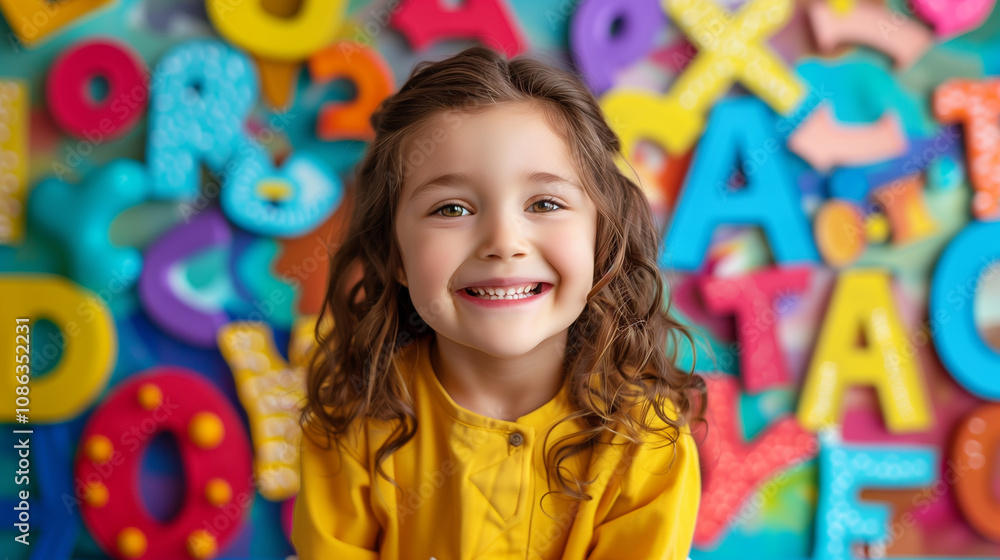 Smiling Girl in Front of Colorful Letters. A cheerful young girl in a yellow shirt sits in front of a bright and colorful background filled with large playful letters. Ideal for educational and child- Smiling Girl in Front of Colorful Letters. A cheerful young girl in a yellow shirt sits in front of a bright and colorful background filled with large playful letters. Ideal for educational and child-