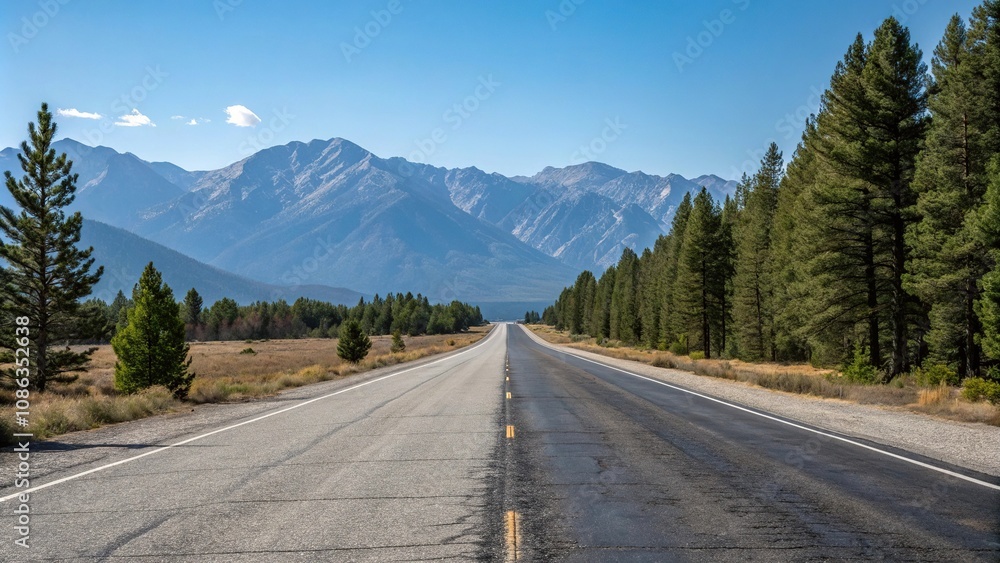 Empty stretch of asphalt road running parallel to a mountain range with a clear blue sky above and pine trees in the foreground, natural landscape, road to nowhere, asphalt road, scenic beauty Empty stretch of asphalt road running parallel to a mountain range with a clear blue sky above and pine trees in the foreground, natural landscape, road to nowhere, asphalt road, scenic beauty