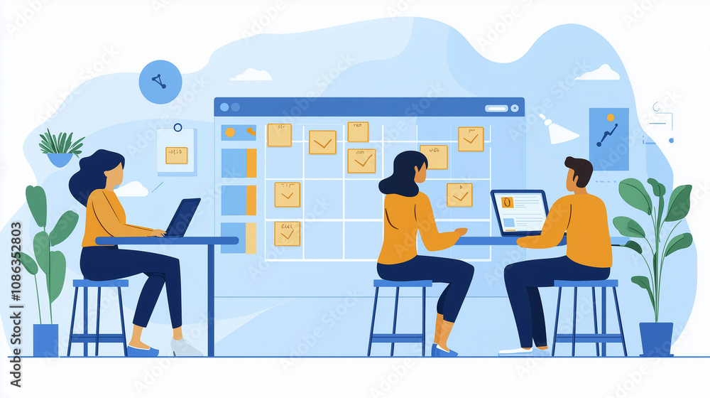 Illustration of team collaborating on digital board with sticky notes, symbolizing project management Illustration of team collaborating on digital board with sticky notes, symbolizing project management