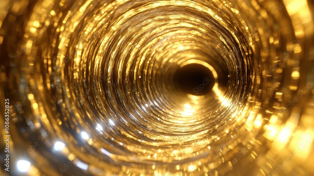 A close-up view of a shiny, golden spiral tube, reflecting light and showcasing a mesmerizing depth. A close-up view of a shiny, golden spiral tube, reflecting light and showcasing a mesmerizing depth.