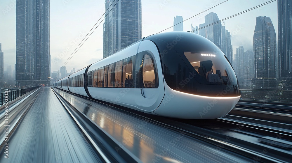 Fototapeta premium A futuristic train gliding through a modern cityscape, showcasing advanced transport technology.