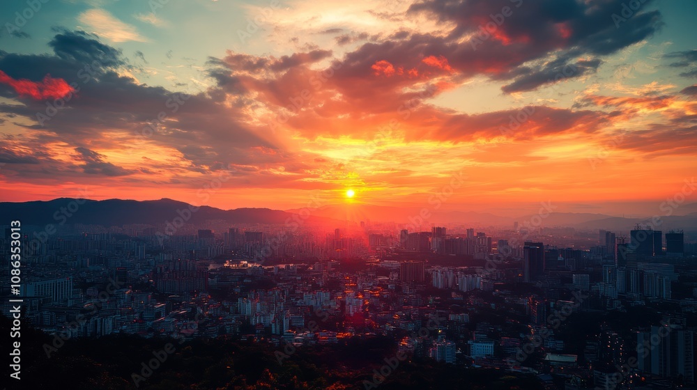 Naklejka premium Photograph a sunset over a city, with the sky ablaze in shades of orange and pink.