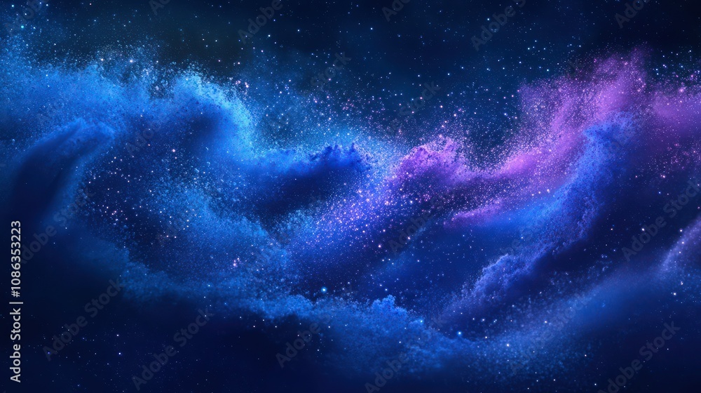 Fototapeta premium A freeze of royal blue and purple powder, swirling together to mimic a night sky full of stars, set against a dark blue background for a cosmic effect.