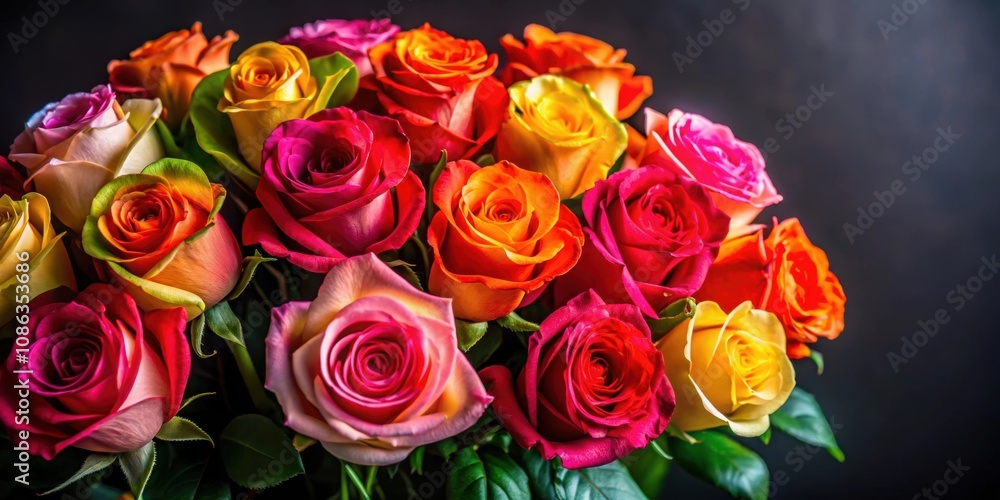 Obraz premium Closeup of a vibrant bouquet of fresh roses against a dark background, Roses, Bouquet, Fresh, Closeup, Dark, Background