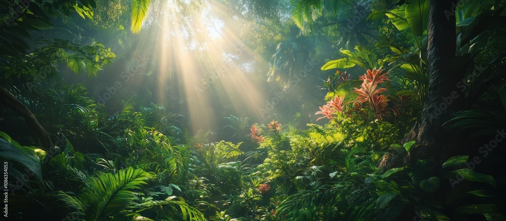 Fototapeta premium Sun rays illuminate a lush tropical jungle with vibrant green foliage and vibrant red flowers.