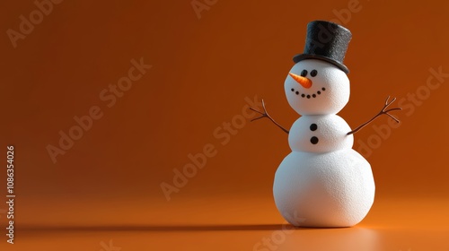 A charming snowman adorned with a classic top hat, exuding a whimsical winter spirit against a backdrop of glistening snowflakes and frosty trees. photo