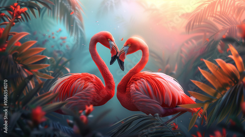 Romantic Flamingos in Tropical Setting. Two pink flamingos forming a heart shape with their necks, set in a dreamy tropical scene with lush greenery and soft lighting.