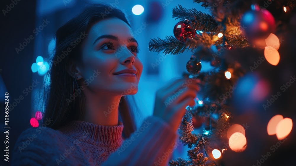 Caucasian woman decorating the Christmas tree at home. Caucasian woman decorating the Christmas tree at home.