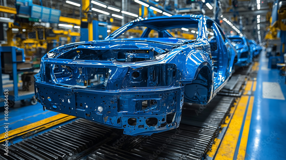 Fototapeta premium Unfinished car frame on automotive production line in factory, highlighting vehicle assembly process