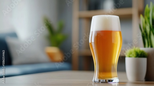 Refreshing Lager in a Glass on a Cozy Table photo