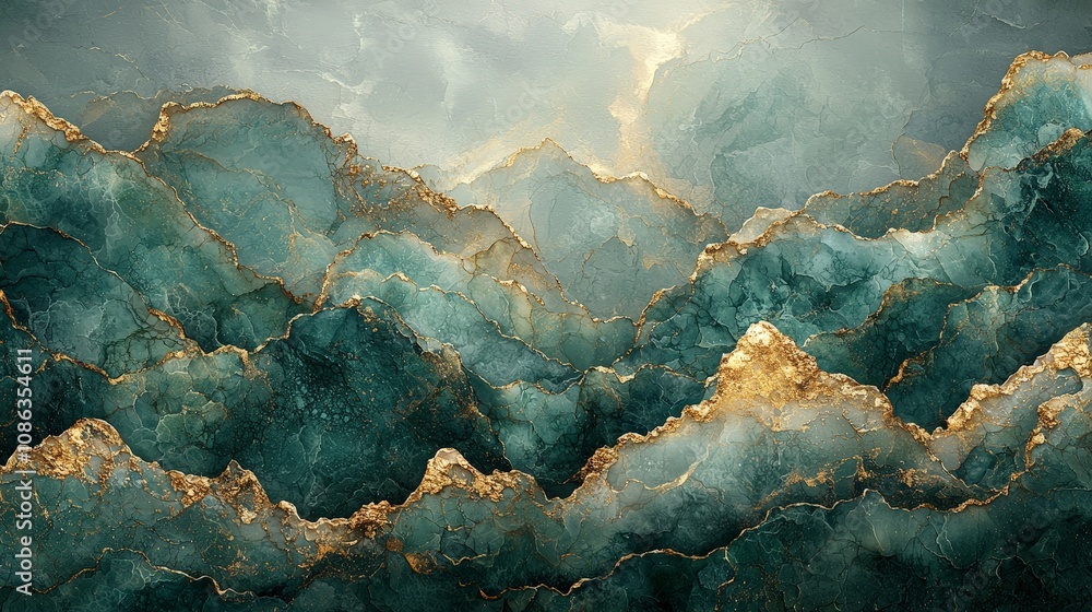 An abstract landscape featuring textured mountains in teal and gold hues. An abstract landscape featuring textured mountains in teal and gold hues.