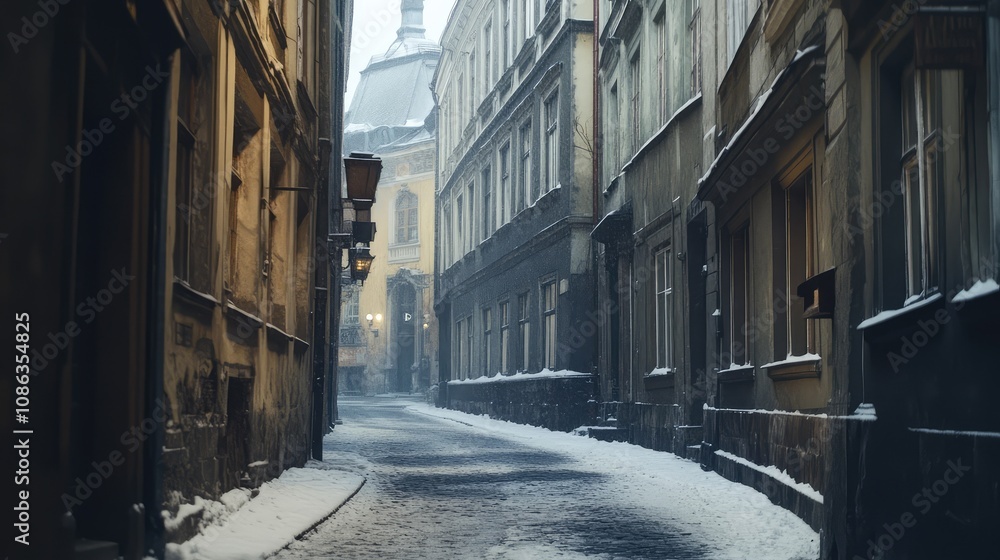 Fototapeta premium Winter street in a historic city center, with snow on rooftops, and quiet, empty lanes