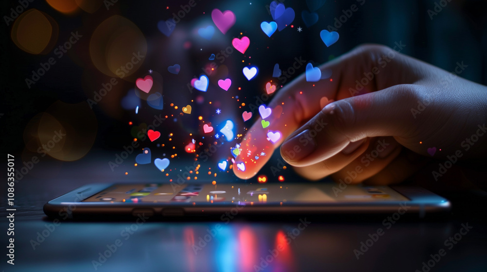 Hand Touching Phone with Digital Hearts. A hand interacting with a smartphone as glowing digital hearts float upward. Perfect for social media and technology themes. Hand Touching Phone with Digital Hearts. A hand interacting with a smartphone as glowing digital hearts float upward. Perfect for social media and technology themes.