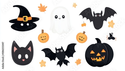 Fun and Spooky Halloween Clipart Collection Featuring Cute Ghost, Witch Hat, Bats, Black Cat, Pumpkins, and Autumn Leaves for Creative Projects on White Background