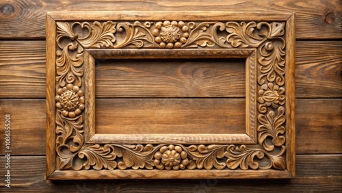 Empty rustic wooden picture frame with intricate carving design , decorative, background, vintage, frame, wood, ornate