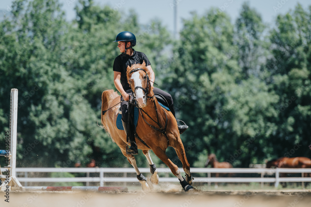 A young male equestrian practices horseback riding in an outdoor arena on a sunny day. The rider wears safety gear while riding a brown horse. A young male equestrian practices horseback riding in an outdoor arena on a sunny day. The rider wears safety gear while riding a brown horse.