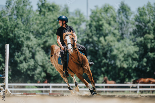 A young male equestrian practices horseback riding in an outdoor arena on a sunny day. The rider wears safety gear while riding a brown horse. photo