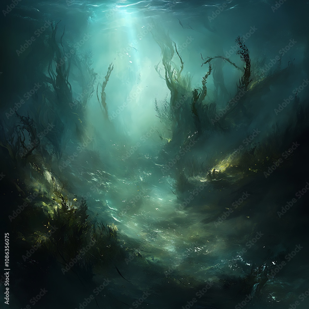 Underwater Forest with Sunbeams, Mysterious and Ethereal. Underwater Forest with Sunbeams, Mysterious and Ethereal.