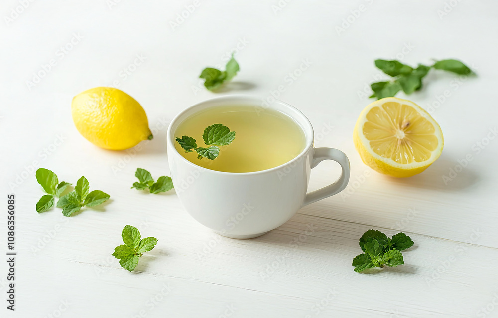 Lemon balm tea on white wooden table, organic drink Lemon balm tea on white wooden table, organic drink
