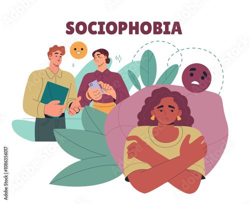 Woman with sociophobia. Young girl with mental and psychological problems, fear of people. Depression and frustration, sadness and sorrow. Flat vector illustration isolated on white background