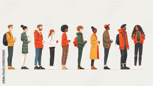  Illustration of People Standing in Line. A stylized illustration of diverse people standing in line, dressed in casual and colorful clothing.