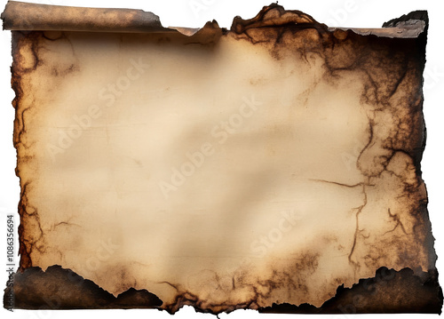 Old burnt scroll with textured edges, vintage document background. Historical manuscript and antiquity concept