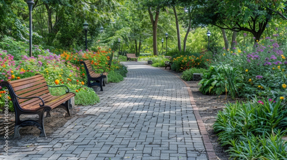 Paved pathway in a park, lined with benches and flowering plants Paved pathway in a park, lined with benches and flowering plants