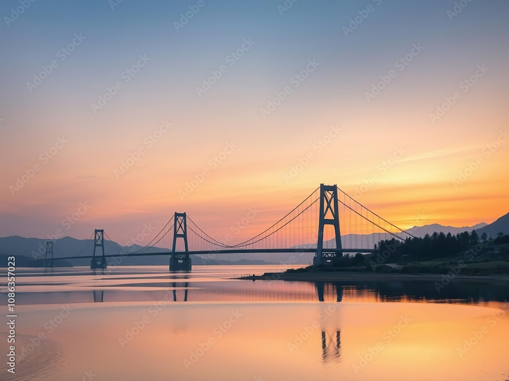 Misty dawn on Roosevelt Lake Bridge in spring, reflections, serene Misty dawn on Roosevelt Lake Bridge in spring, reflections, serene