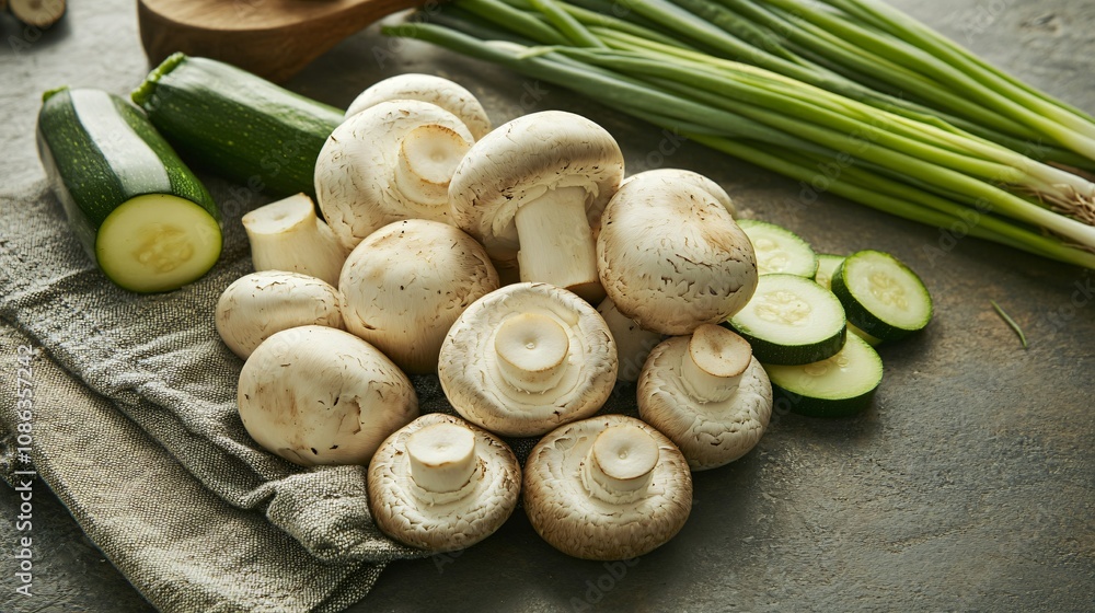 Fresh White Mushrooms, Zucchini, and Spring Onions on Rustic Surface Fresh White Mushrooms, Zucchini, and Spring Onions on Rustic Surface