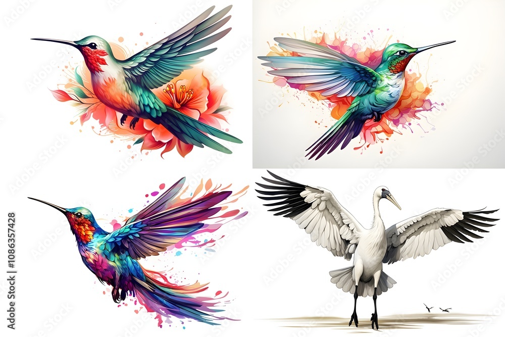 Obraz premium bird, animal, nature, flying, wildlife, illustration, wing, design, vector, feather, silhouette, beak, colourful, flight, horizontal, no people, art, black, blue, sky, tree branch, beautiful, freedom,