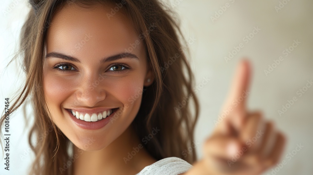 Cheerful Woman Smiling and Pointing with Her Finger to the Copy Space in a Bright and Inviting Background, Ideal for Marketing and Advertising Use Cheerful Woman Smiling and Pointing with Her Finger to the Copy Space in a Bright and Inviting Background, Ideal for Marketing and Advertising Use