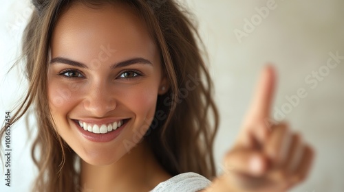 Cheerful Woman Smiling and Pointing with Her Finger to the Copy Space in a Bright and Inviting Background, Ideal for Marketing and Advertising Use