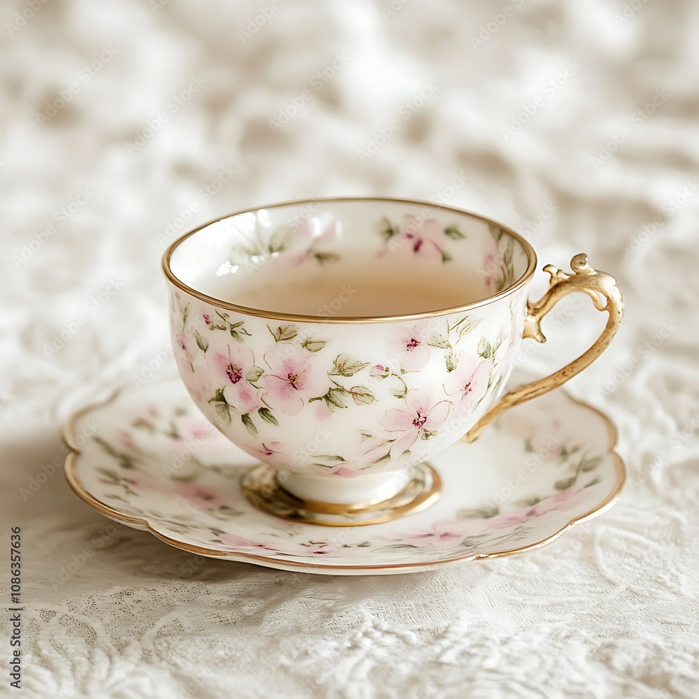 Floral Teacup and Saucer on White Fabric Floral Teacup and Saucer on White Fabric