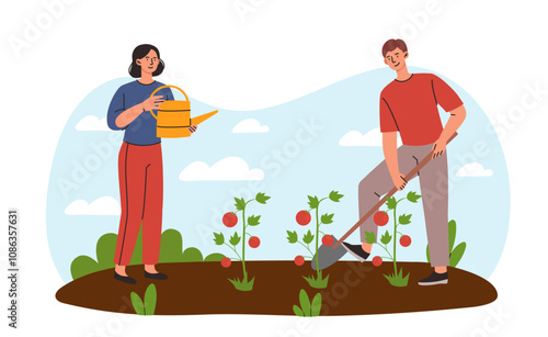 Family growing vegetables. Woman with watering can and man with rake prepare soil for tomatoes. Farming and agriculture. People with harvest and crop. Flat vector illustration