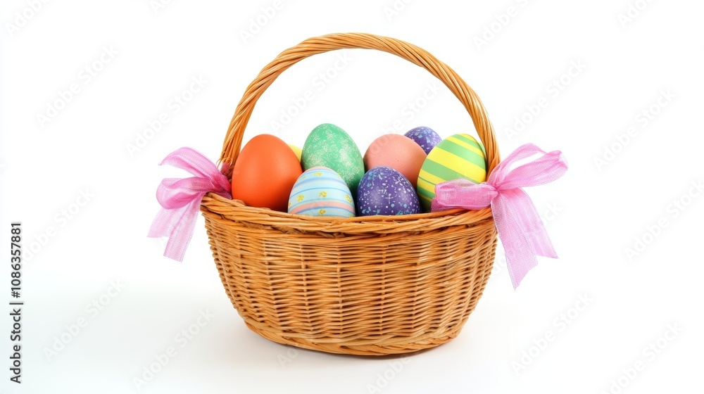 A vibrant basket brimming with colorful Easter eggs, showcasing intricate patterns and pastel hues, radiating festive joy and springtime cheer. A vibrant basket brimming with colorful Easter eggs, showcasing intricate patterns and pastel hues, radiating festive joy and springtime cheer.
