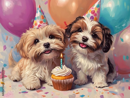 Adorable Shih Tzu Puppies Celebrating Birthday with Cupcake