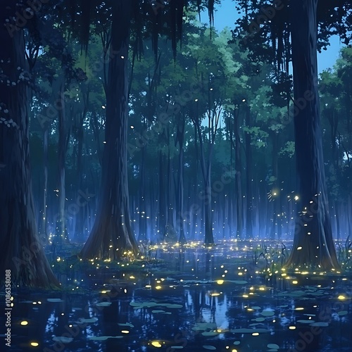 Enchanting Forest Night with Fireflies Reflecting in Still Water.