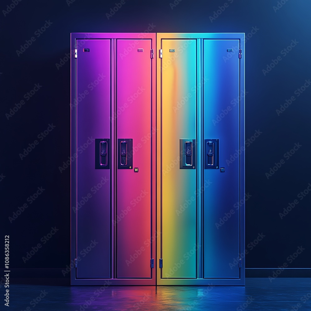 Two Metal Lockers with Neon Gradient Colors. Two Metal Lockers with Neon Gradient Colors.