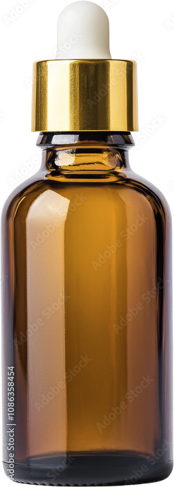 Amber glass dropper bottle with gold cap on transparent background, skincare and beauty concept Amber glass dropper bottle with gold cap on transparent background, skincare and beauty concept