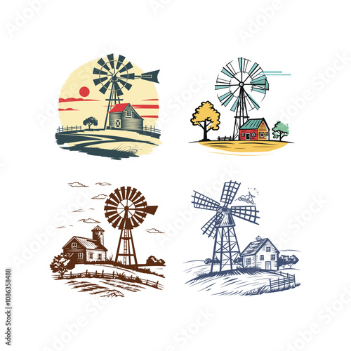 Windmill in farmland logo design vector vintage